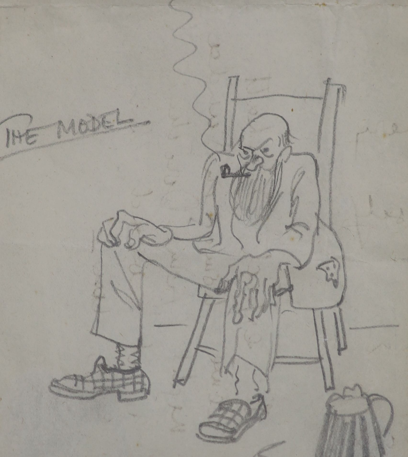 Iain Macnab (1890-1967), pencil sketch, 'The Model', a small Victorian silkwork panel and a watercolour of a horseman in a landscape